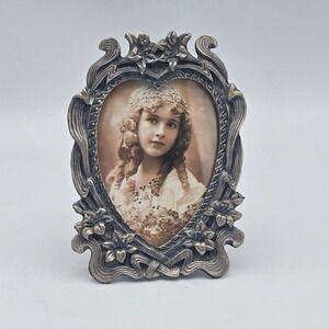 Pewter Heart Picture Frame Art Nouveau Small 4.25x3.25 Table Top Mother's Day